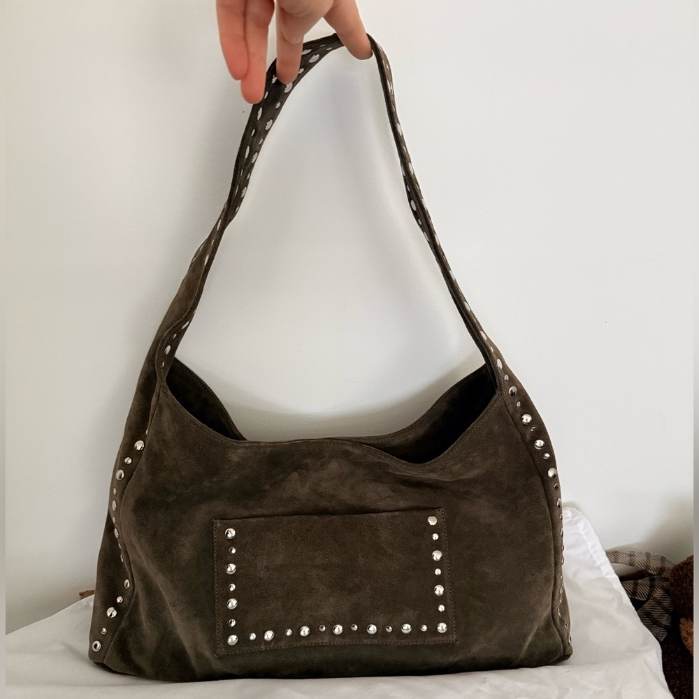 Gimaguas Silver Studded Suede Maxi Franca Shoulder Bag in green khaki NEW UNUSED - Picture 3 of 11